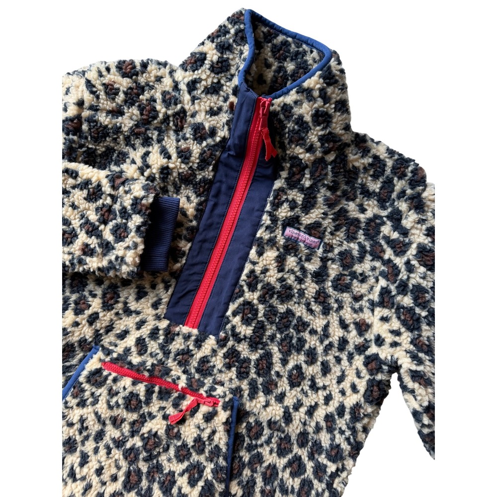 Vineyard Vines Leopard Sherpa Fleece Quarter Zip Pullover Tan Navy Red Small